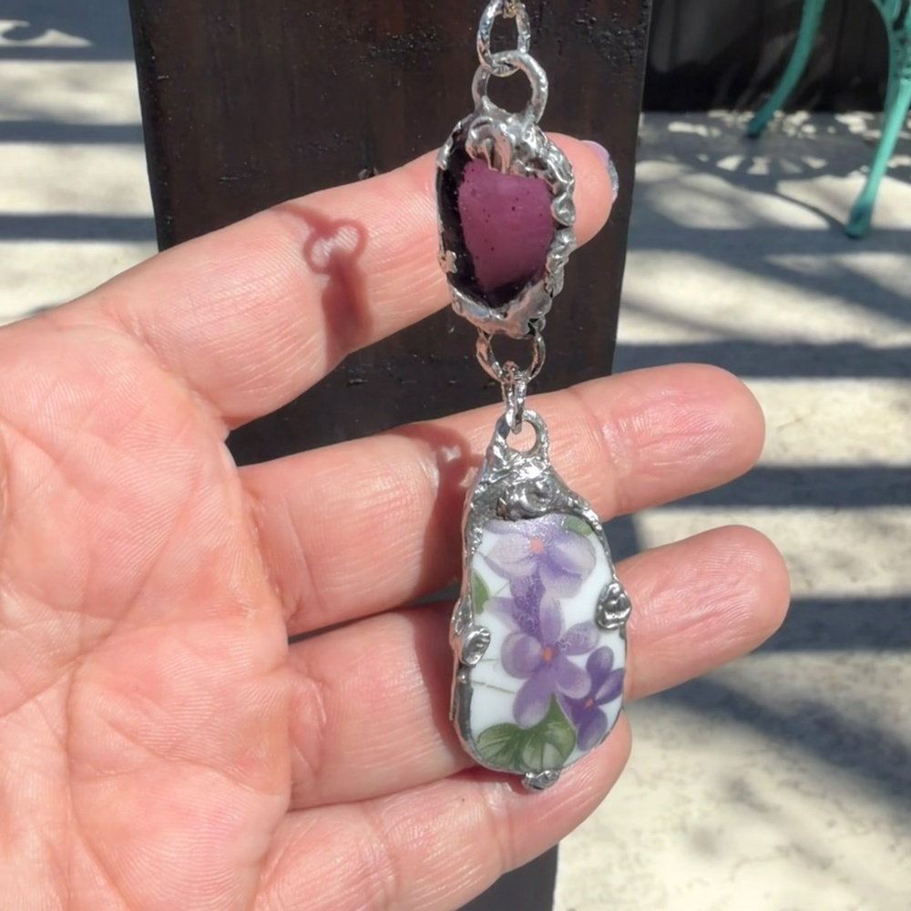 Violets Broken China & Sea Glass Artisan Silver-Blend Metalwork Bezel Pendant - Picture 8 of 16